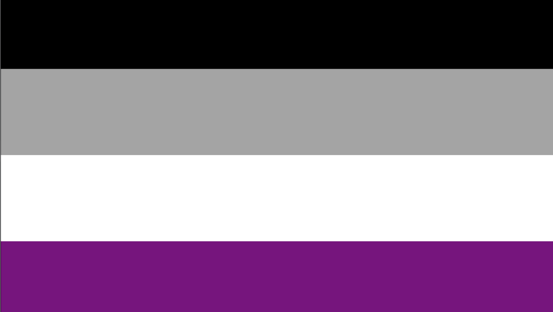 Image of the asexual flag which contains four colored stripes.
                    From top to bottom, the colors are black, gray, white, and purple